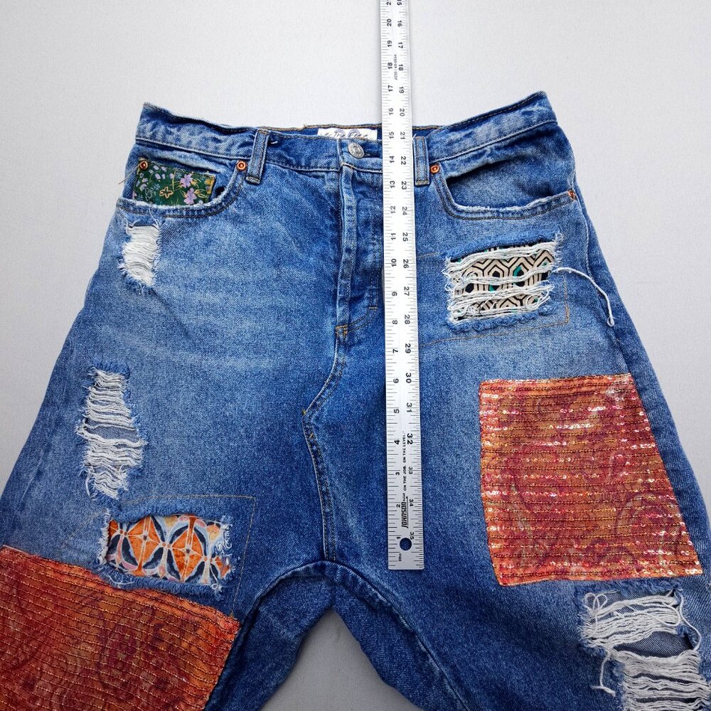 Free People High Rise Patchwork Jeans - Blue and Multicolor - Picture 9 of 14